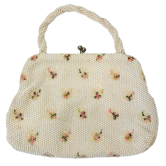 Vintage Handbags - Vintage 50s Lumured Corde Petite Bead White Pink Floral Handbag Bridal Bag Purse